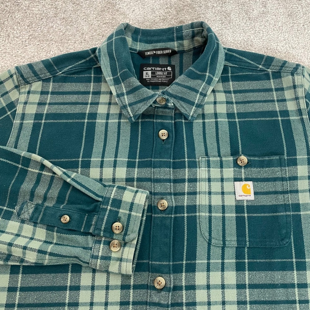 Carhartt Womens XL Flannel Shirt Loose Fit Tencel Plaid Teal Green Shacket